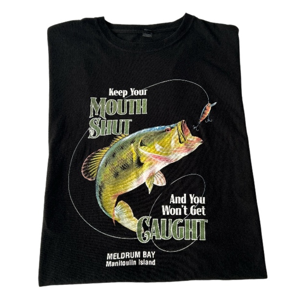 Fishing Graphic Black Cotton Tee Shirt Meldrum Bay Manitoulin Island Size XXL